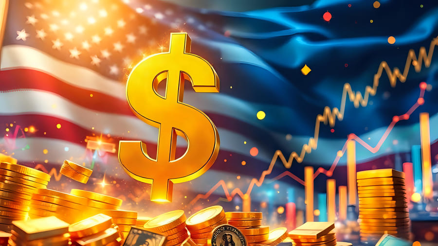 Golden dollar sign above stacks of gold coins in front of a waving American flag, with rising price charts and bar graphs in the background