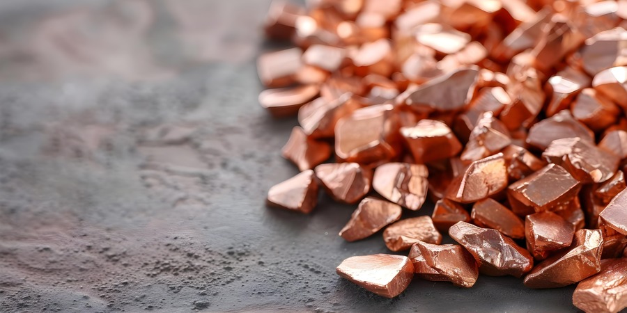 Pile of raw copper nuggets with a shiny orange-pink surface on a dark textured stone background, illustrating Taurex's Under the Microscope copper edition